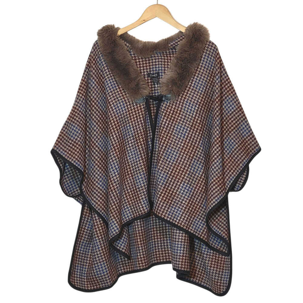 Jones New York Houndstooth Cape Faux Fur Collar Brown and Blue Classic Fall OS